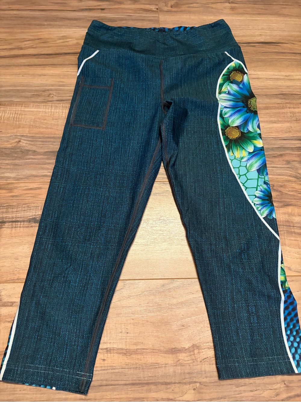 INKnBURN Teal Blue Floral-Panel Capris